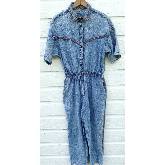 Vintage Blowout L.A. Denim Jumpsuit Aztec Trim 80s Acid Wash Freedom Border M